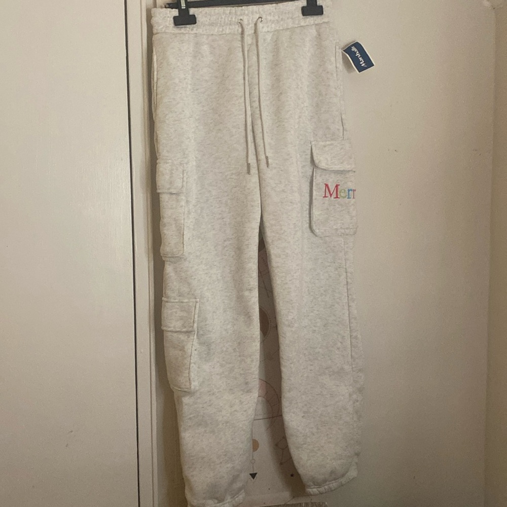 Marshall’s light grey cargo sweatpants. “Merry” written on the pocket!!